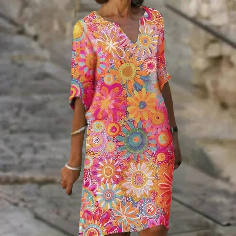 Abito estivo da donna con stampa floreale – Tunica ampia con scollo a V e maniche 3/4