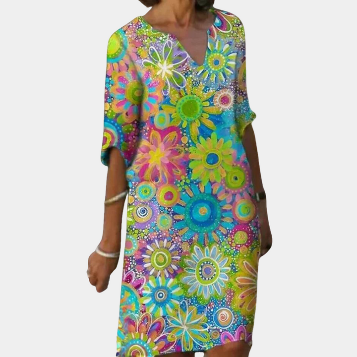 Abito estivo da donna con stampa floreale – Tunica ampia con scollo a V e maniche 3/4