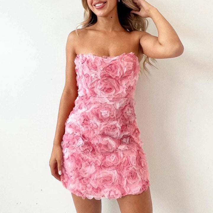 Abito corto senza spalline da donna – abito elegante con fiori 3D per feste ed eventi
