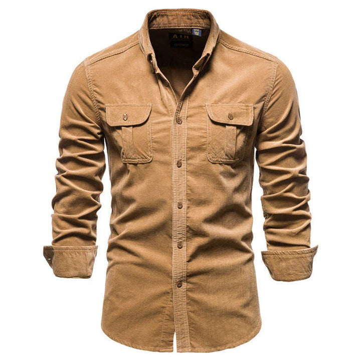 Chemise en velours côtelé pour homme avec poches poitrine – Chemise décontractée à manches longues style workwear, coupe slim