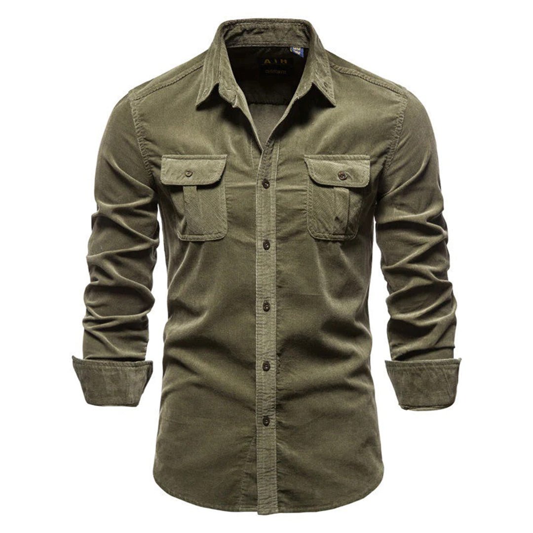 Chemise en velours côtelé pour homme avec poches poitrine – Chemise décontractée à manches longues style workwear, coupe slim