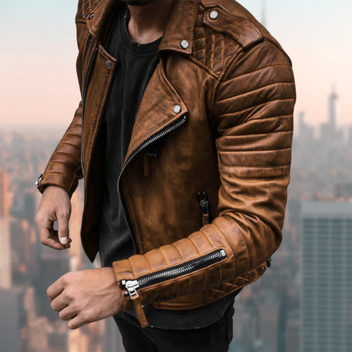 Veste de motard pour homme en similicuir – style rétro avec fermeture éclair et détails aux épaules