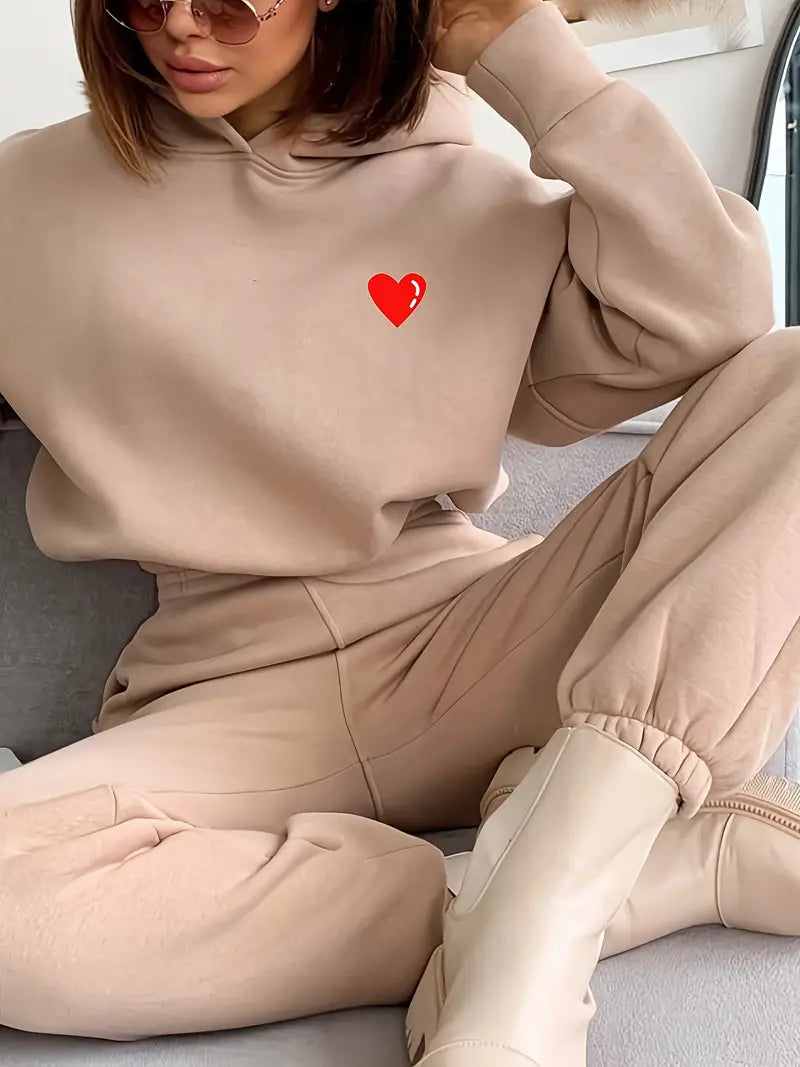 Set in due pezzi, felpa con cappuccio a maniche lunghe con stampa a cuore & pantaloni outfit