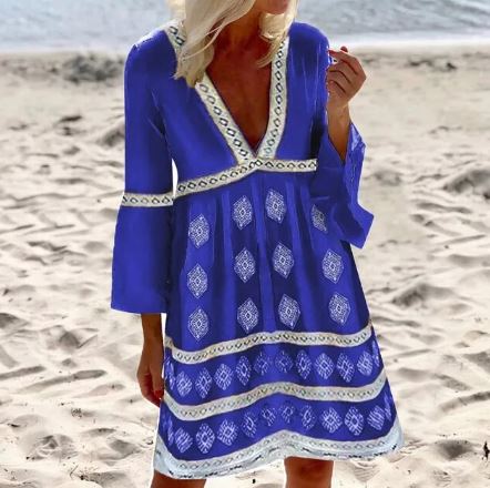 Abito da spiaggia boho da donna – abito tunica ampio con motivo etnico e scollo a V