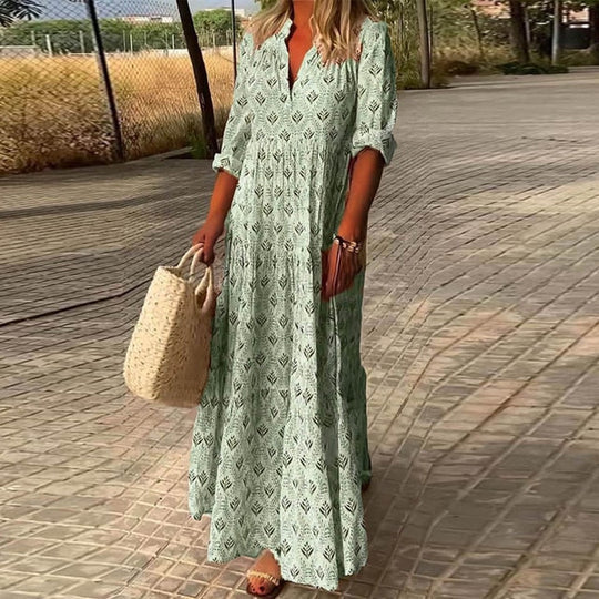 Damen Boho Maxikleid mit Print & V-Ausschnitt – Lockeres Sommerkleid mit 3/4-Ärmeln für Strand, Urlaub & Alltag
