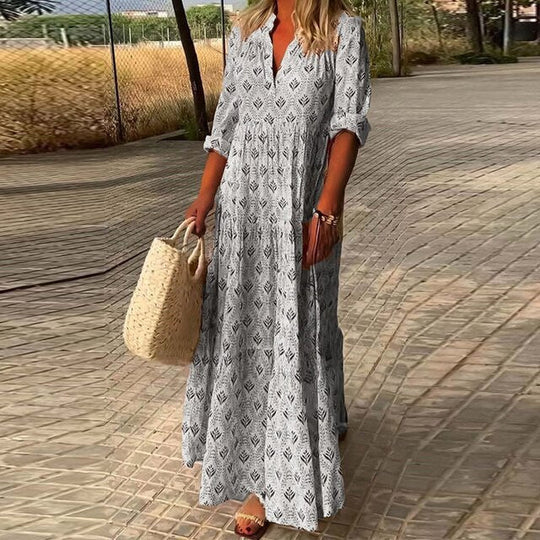 Damen Boho Maxikleid mit Print & V-Ausschnitt – Lockeres Sommerkleid mit 3/4-Ärmeln für Strand, Urlaub & Alltag