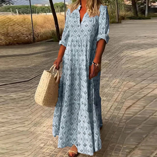 Damen Boho Maxikleid mit Print & V-Ausschnitt – Lockeres Sommerkleid mit 3/4-Ärmeln für Strand, Urlaub & Alltag