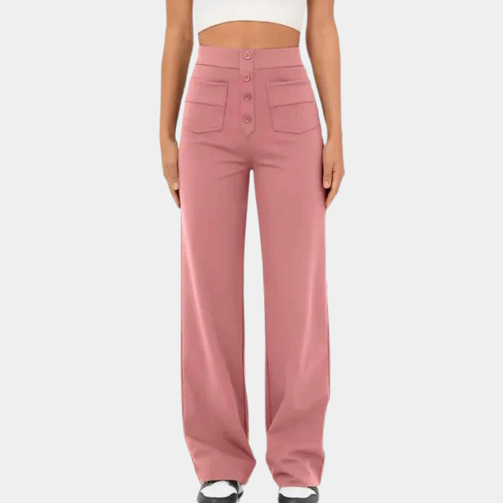 Pantalon évasé femme taille haute – coupe large avec boutons décoratifs et poches avant pour un look rétro