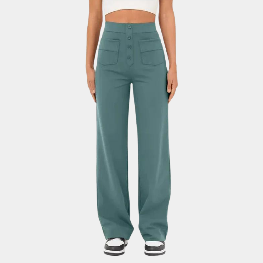 Pantalon évasé femme taille haute – coupe large avec boutons décoratifs et poches avant pour un look rétro