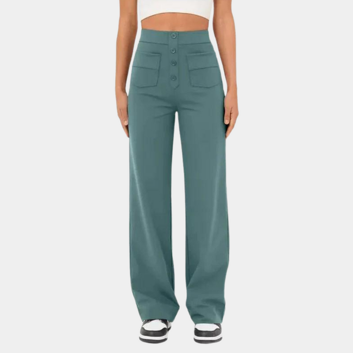 Pantalon évasé femme taille haute – coupe large avec boutons décoratifs et poches avant pour un look rétro
