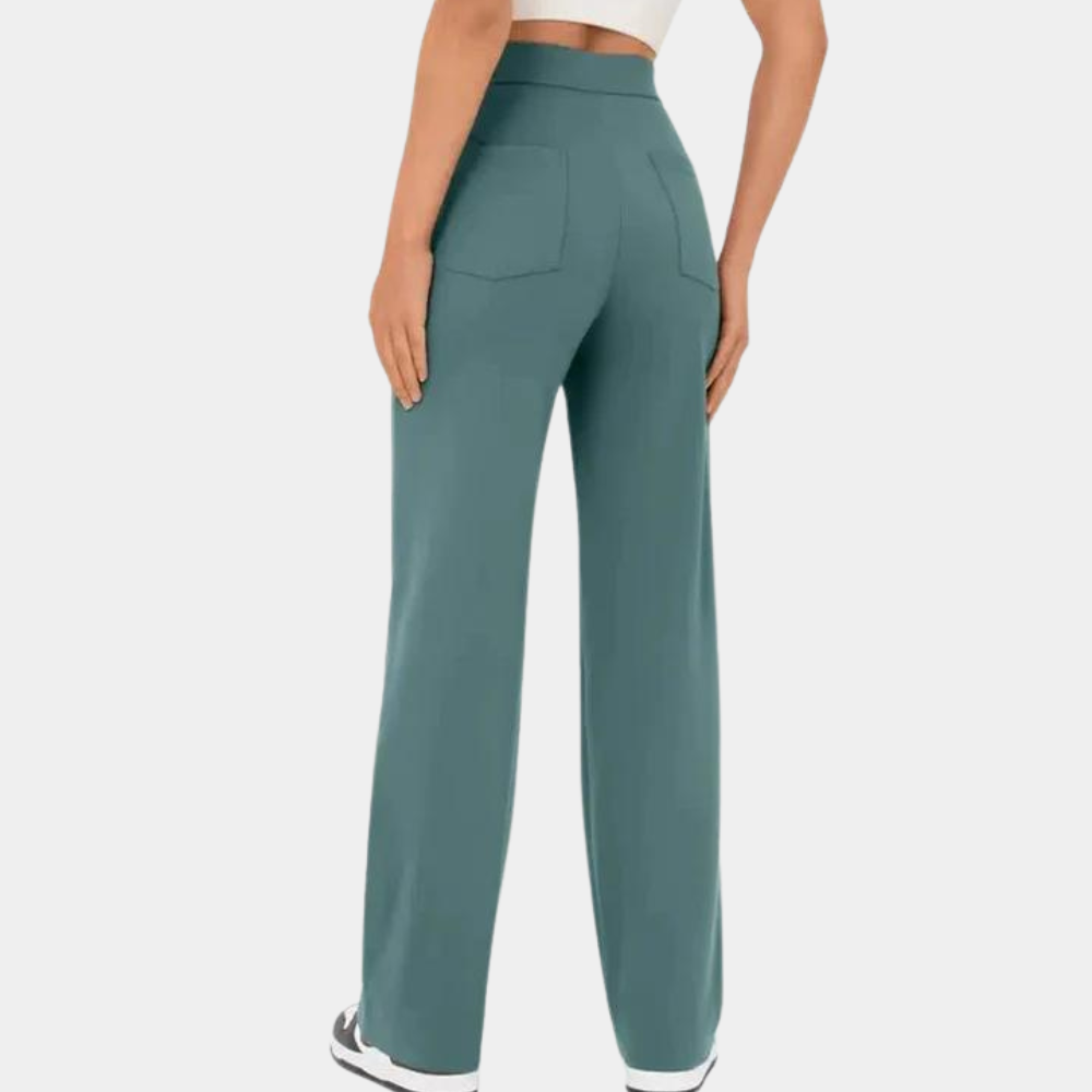 Pantalon évasé femme taille haute – coupe large avec boutons décoratifs et poches avant pour un look rétro