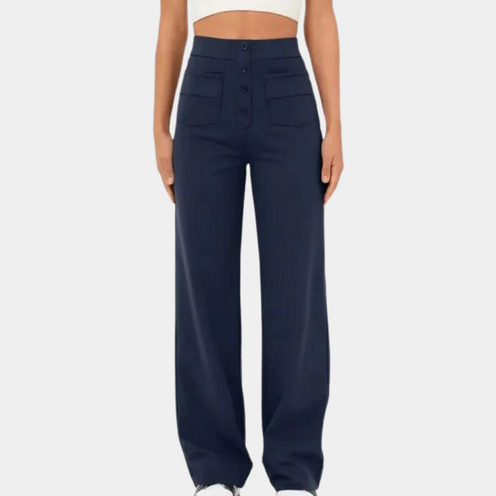 Pantalon évasé femme taille haute – coupe large avec boutons décoratifs et poches avant pour un look rétro