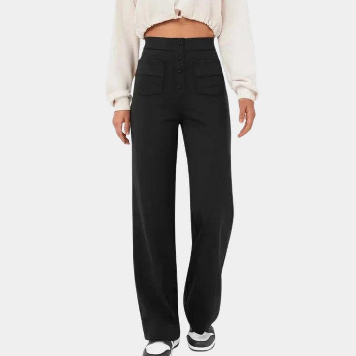Pantalon évasé femme taille haute – coupe large avec boutons décoratifs et poches avant pour un look rétro