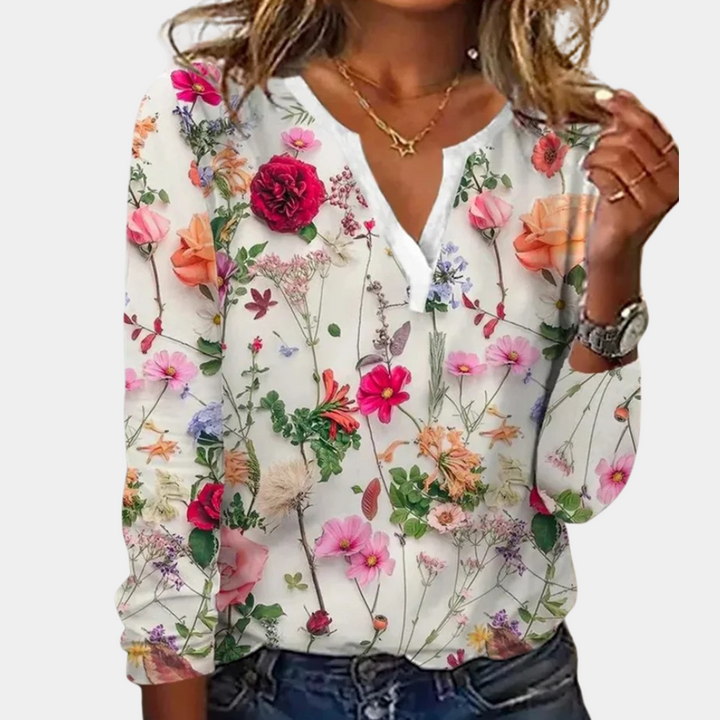 Camicetta da donna con stampa floreale – elegante maglia a maniche lunghe con scollo a V per primavera & estate