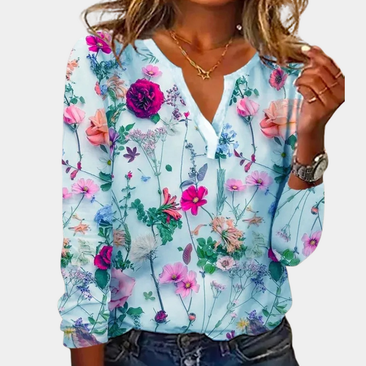 Camicetta da donna con stampa floreale – elegante maglia a maniche lunghe con scollo a V per primavera & estate