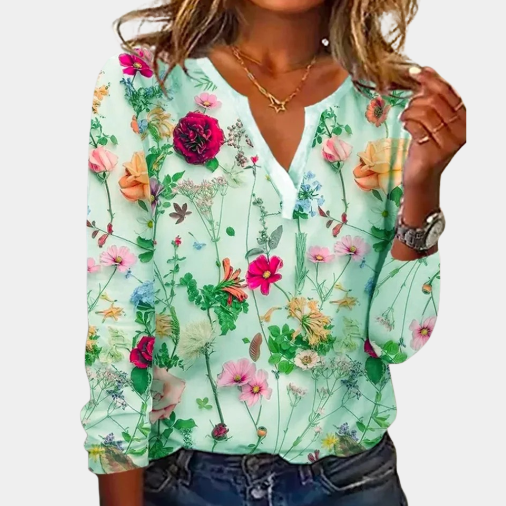 Camicetta da donna con stampa floreale – elegante maglia a maniche lunghe con scollo a V per primavera & estate