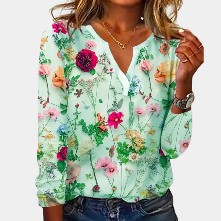 Camicetta da donna con stampa floreale – elegante maglia a maniche lunghe con scollo a V per primavera & estate