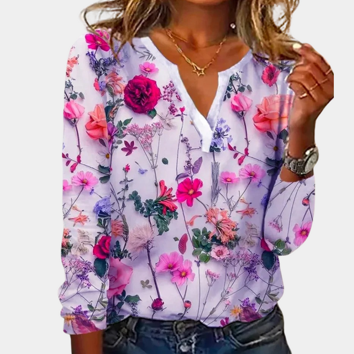 Camicetta da donna con stampa floreale – elegante maglia a maniche lunghe con scollo a V per primavera & estate