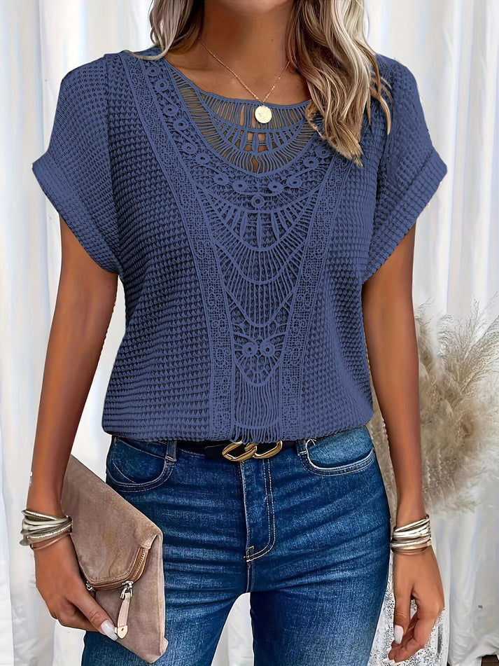 Camicia donna in pizzo con motivo all'uncinetto – top estivo con maniche corte in stile boho per tutti i giorni e tempo libero