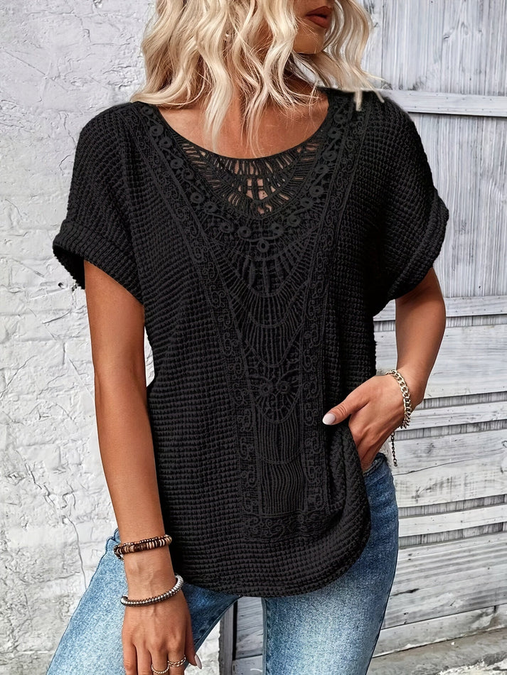 Camicia donna in pizzo con motivo all'uncinetto – top estivo con maniche corte in stile boho per tutti i giorni e tempo libero