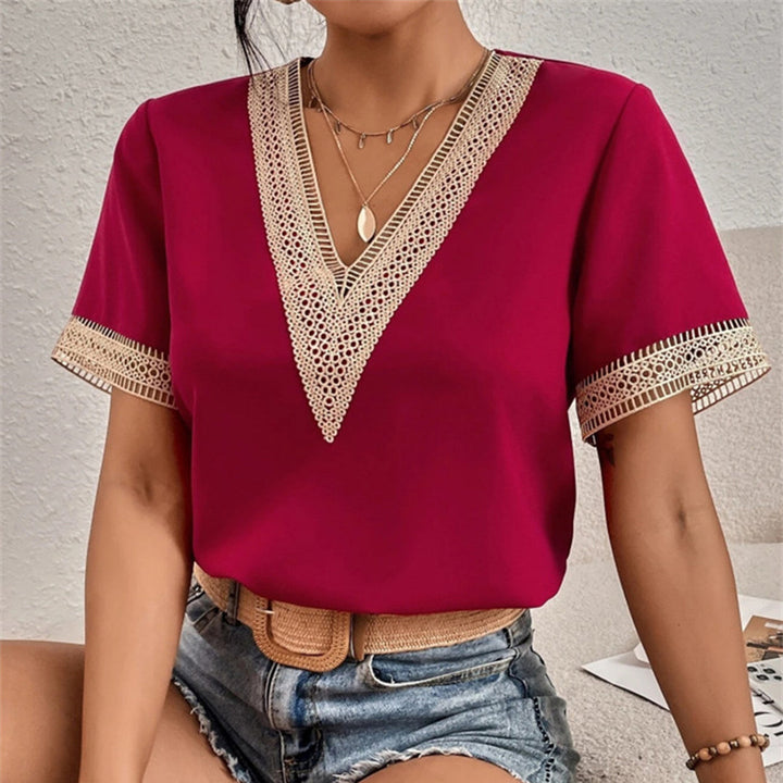Camicetta estiva da donna con pizzo – maglietta a maniche corte con scollo a V in stile boho per vacanze e tempo libero