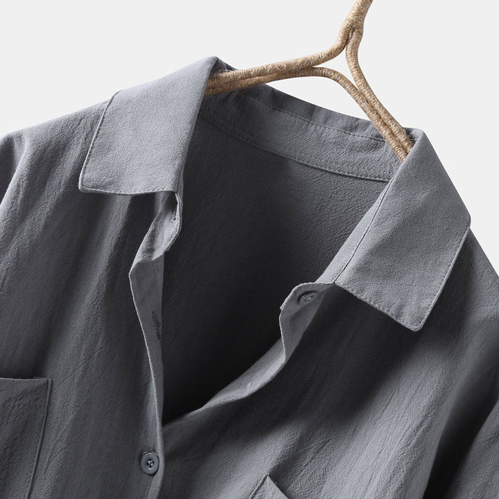 Camicia oversize da donna – Camicia di lino ampia con tasche sul petto e taglio asimmetrico