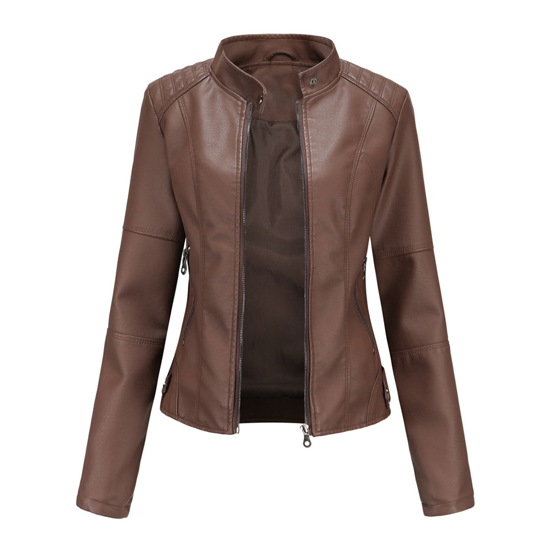 Damen Lederjacke – Figurbetonter Biker-Style mit Reißverschluss und Stehkragen