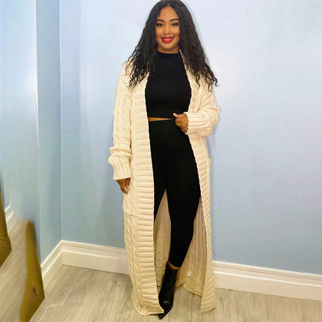 Cardigan long en maille pour femmes avec motif torsadé – Manteau oversize ouvert pour automne & hiver