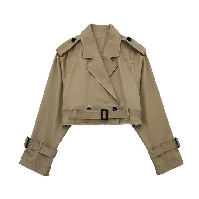 Cropped Damenjacke im Trench-Stil mit Gürtel und Revers