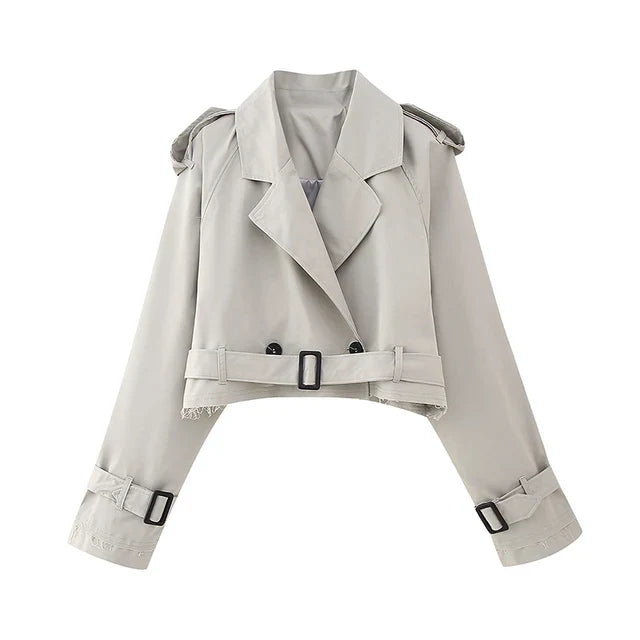 Cropped Damenjacke im Trench-Stil mit Gürtel und Revers