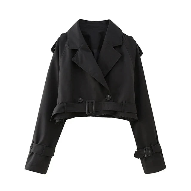 Cropped Damenjacke im Trench-Stil mit Gürtel und Revers
