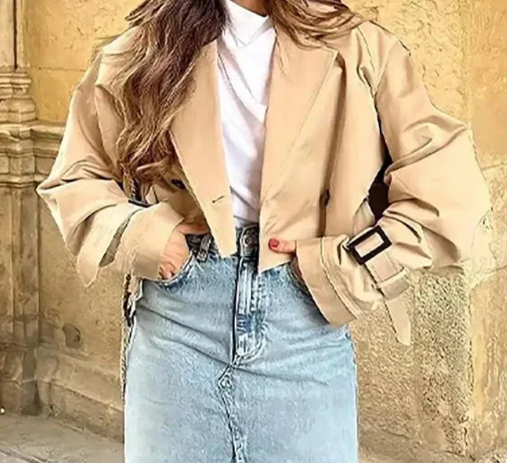 Cropped Damenjacke im Trench-Stil mit Gürtel und Revers