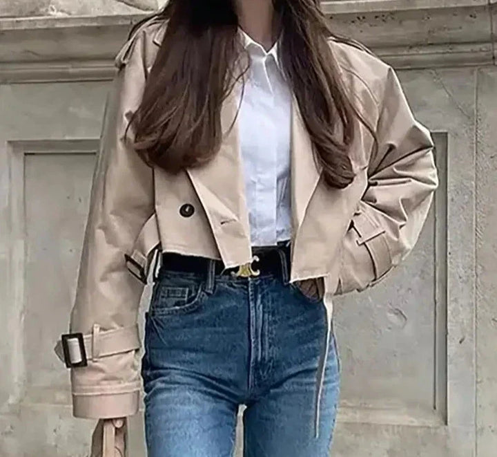 Cropped Damenjacke im Trench-Stil mit Gürtel und Revers