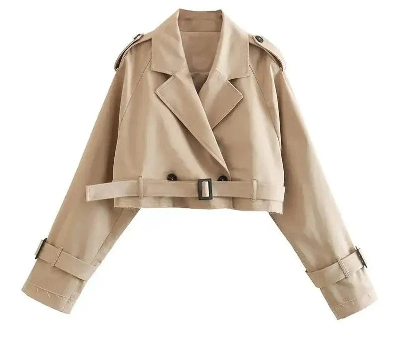 Cropped Damenjacke im Trench-Stil mit Gürtel und Revers