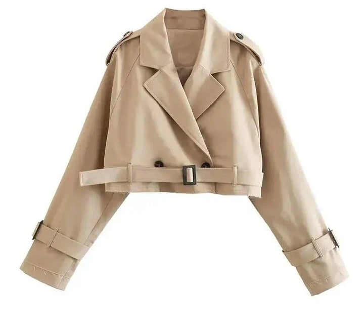 Cropped Damenjacke im Trench-Stil mit Gürtel und Revers