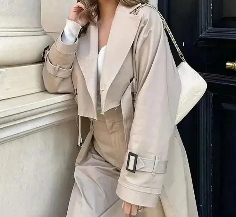 Cropped Damenjacke im Trench-Stil mit Gürtel und Revers