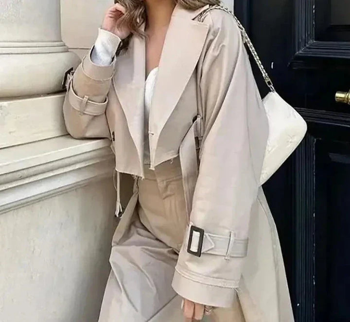 Cropped Damenjacke im Trench-Stil mit Gürtel und Revers