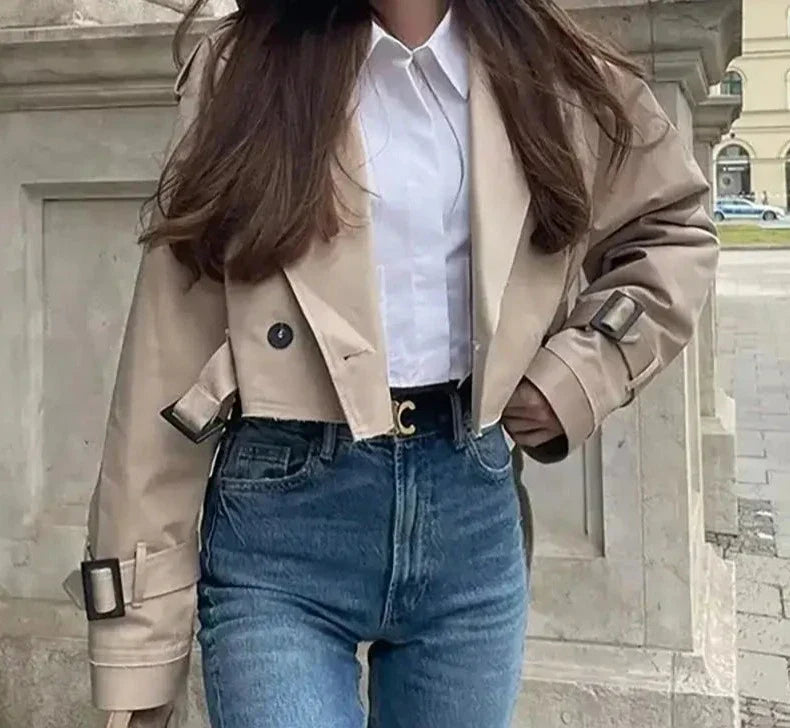 Cropped Damenjacke im Trench-Stil mit Gürtel und Revers