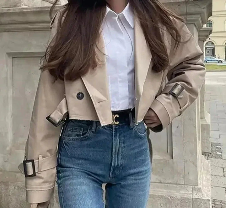 Cropped Damenjacke im Trench-Stil mit Gürtel und Revers