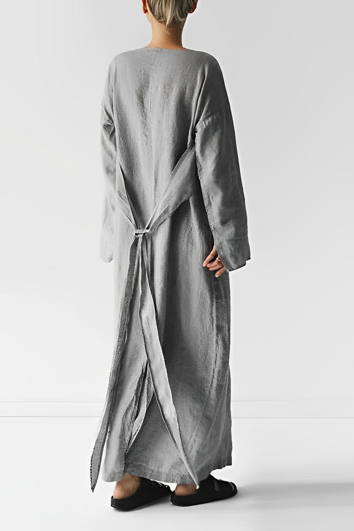 Robe élégante en lin "LYDIA" avec manches longues et ceinture – Fait main