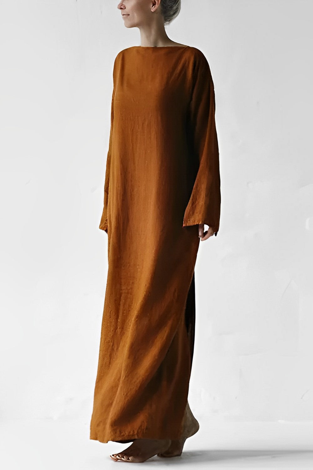 Robe élégante en lin "LYDIA" avec manches longues et ceinture – Fait main