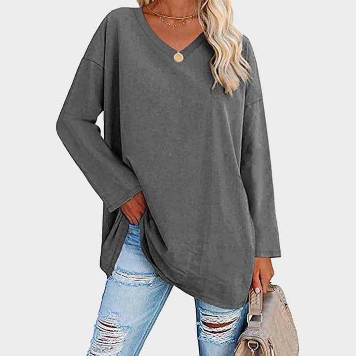Maglia oversize da donna a manica lunga con scollo a V – Top basic casual a maniche lunghe
