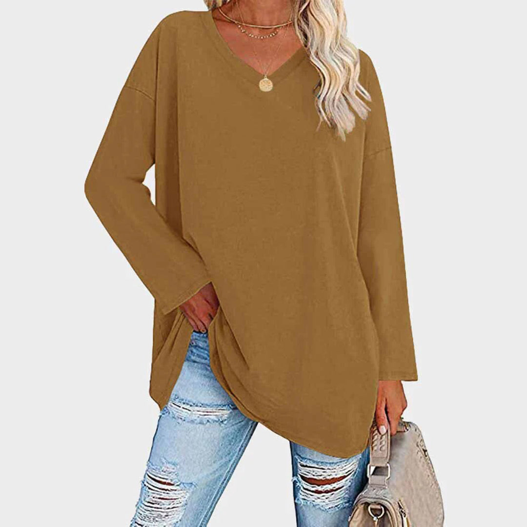 Maglia oversize da donna a manica lunga con scollo a V – Top basic casual a maniche lunghe