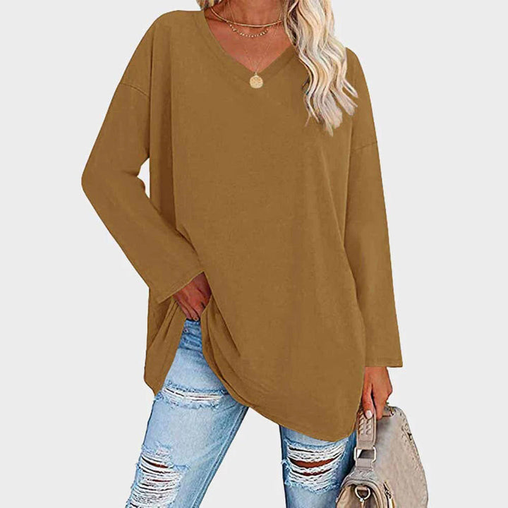 Maglia oversize da donna a manica lunga con scollo a V – Top basic casual a maniche lunghe