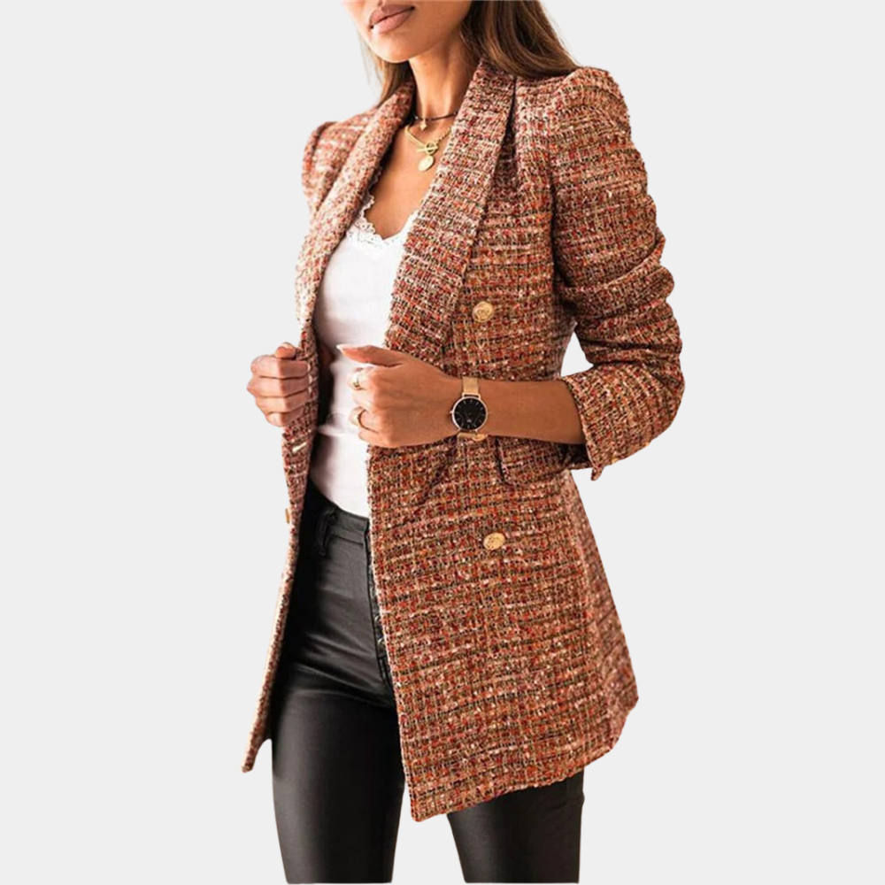 Damen Karoblazer mit Reverskragen – Langer Blazer mit Knöpfen im Business Casual Stil