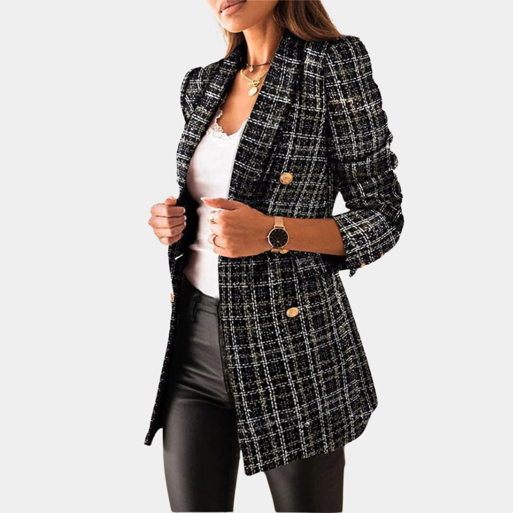 Damen Karoblazer mit Reverskragen – Langer Blazer mit Knöpfen im Business Casual Stil