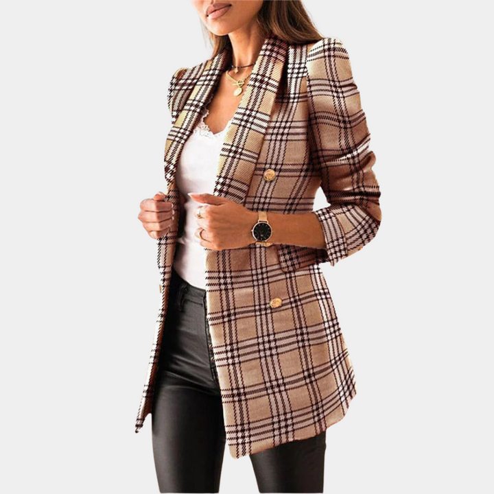Damen Karoblazer mit Reverskragen – Langer Blazer mit Knöpfen im Business Casual Stil