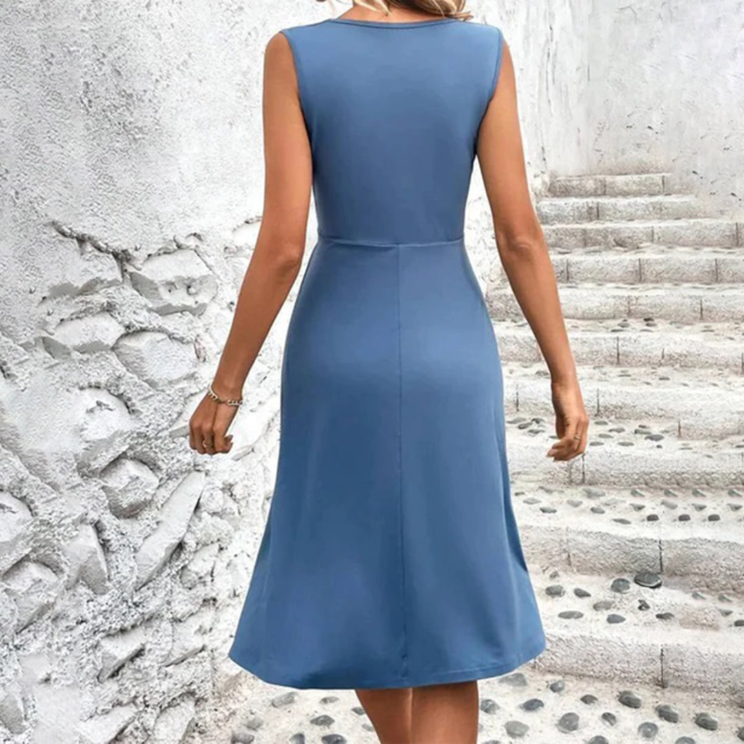 Vestito da donna senza maniche con motivo floreale e scollo a V – Vestito estivo al ginocchio con effetto incrociato