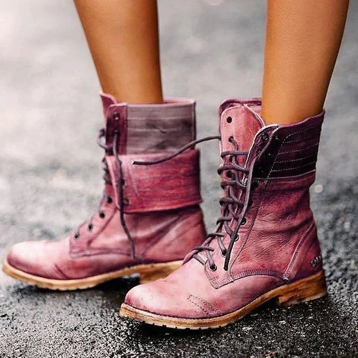 Damen Schnürboots mit Vintage-Look – Robuste Lederoptik-Stiefeletten mit Profilsohle