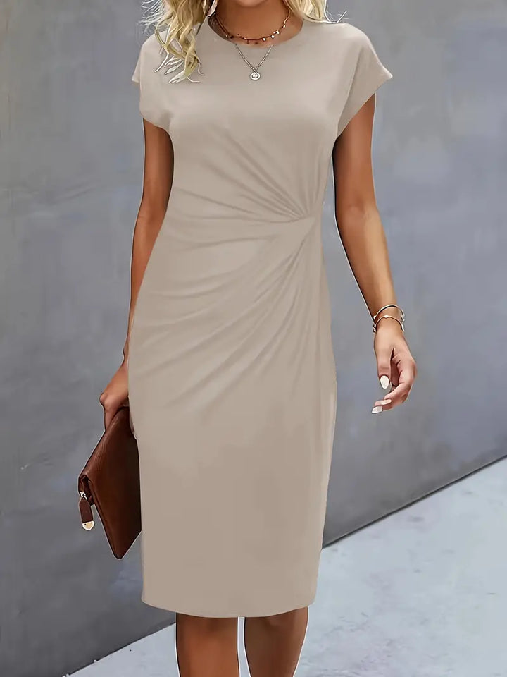 Abito a tubino da donna con pieghe – Abito da lavoro aderente con scollo rotondo per ufficio, eventi e look serali